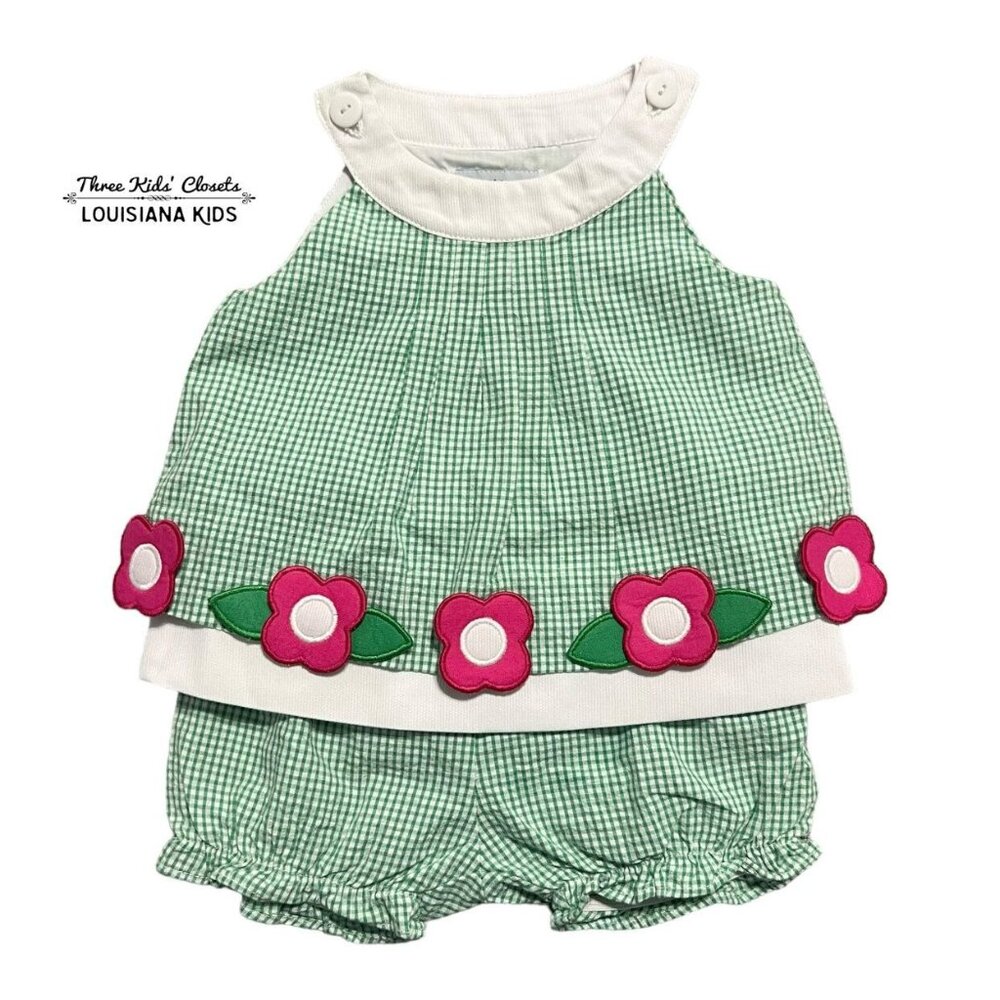 Florence Eiseman 3m Green Gingham Flower Appliqué Top & Bloomers Set